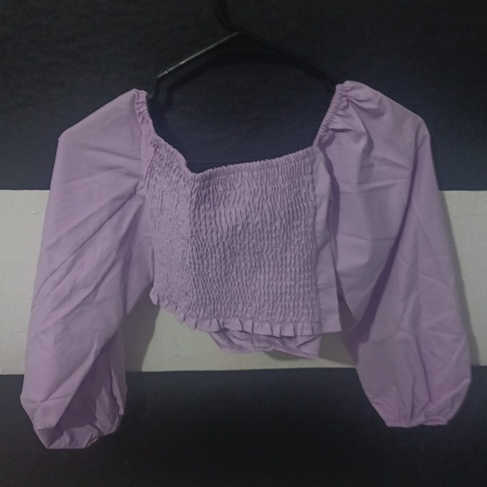 Women Lila purple puff sleeves bow blouse top - Picture 7 of 12